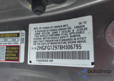 2008 Honda Civic Ex-L из США, поврежденный, VIN 2HGFG12978H506795